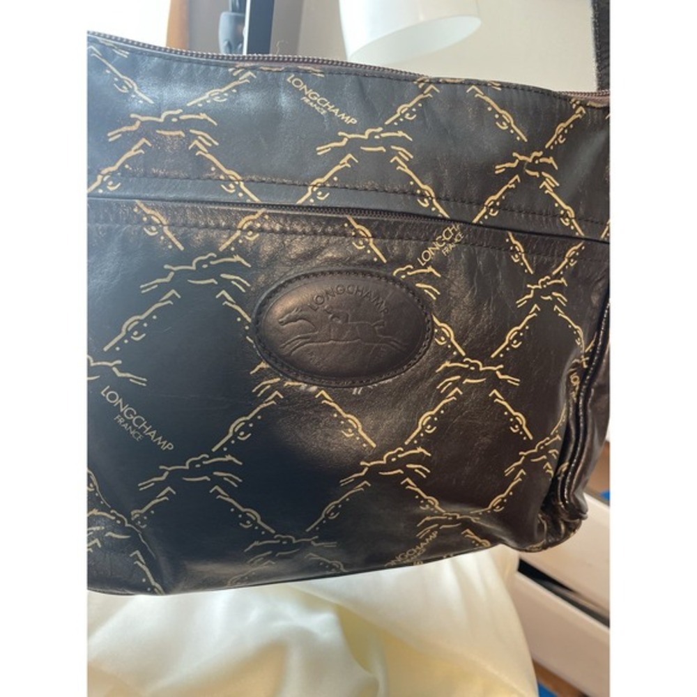 Vintage Longchamp LeatherHorse Logo Print Brown Shoulder Bag Adjustable Strap - Picture 2 of 10